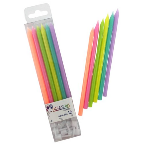 12cm Tall Cake Candles Neon Bright (Pack of 12)