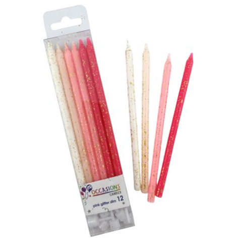 12cm Tall Cake Candles Pinks Glitter (Pack of 12)