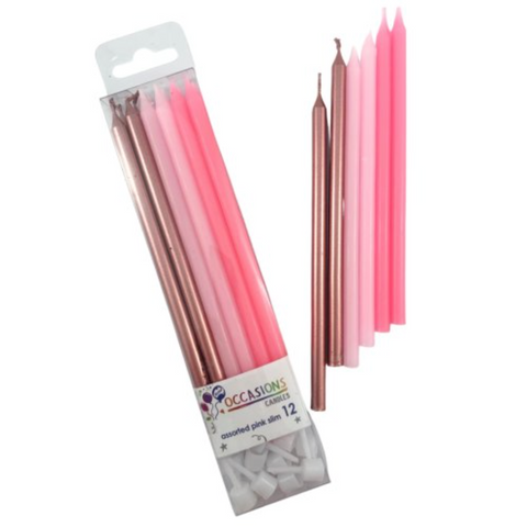 12cm Tall Cake Candles Pinks & Metallic (Pack of 12)