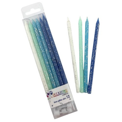 12cm Tall Cake Candles Blues Glitter (Pack of 12)