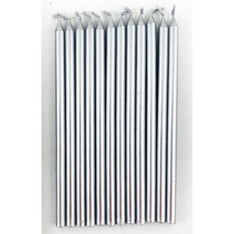 12cm Tall Cake Candles Silver (Pack of 12)