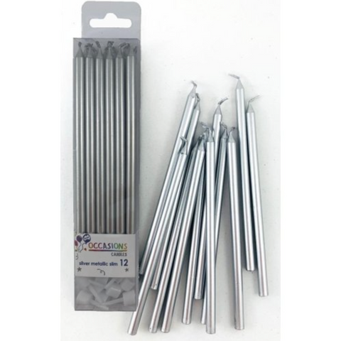 12cm Tall Cake Candles Silver (Pack of 12)