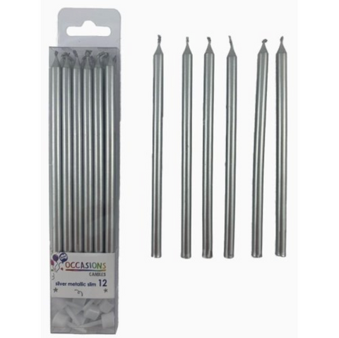 12cm Tall Cake Candles Silver (Pack of 12)